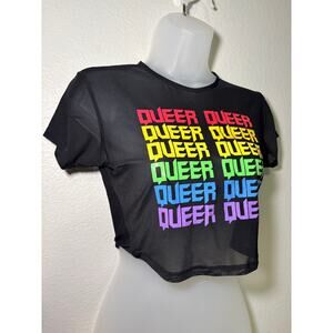 Club Exx Rainbow Queer Repeated Print Mesh Crop Top Size Small Worn Once